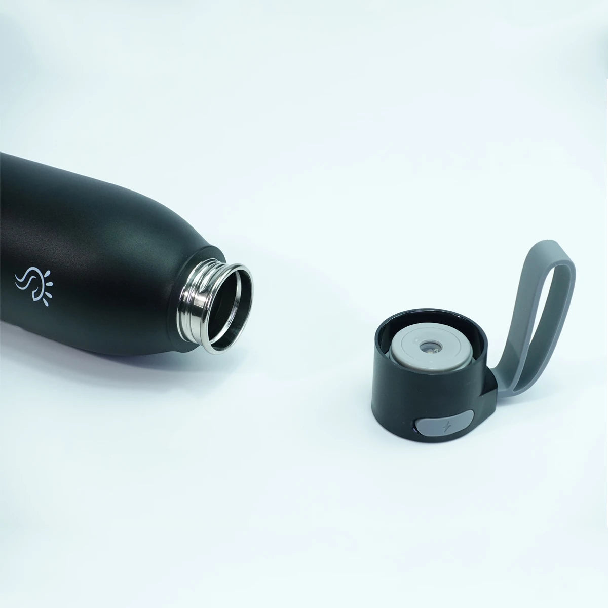 Black Smart UV-C LED Flask 2.0 with cover open on white background