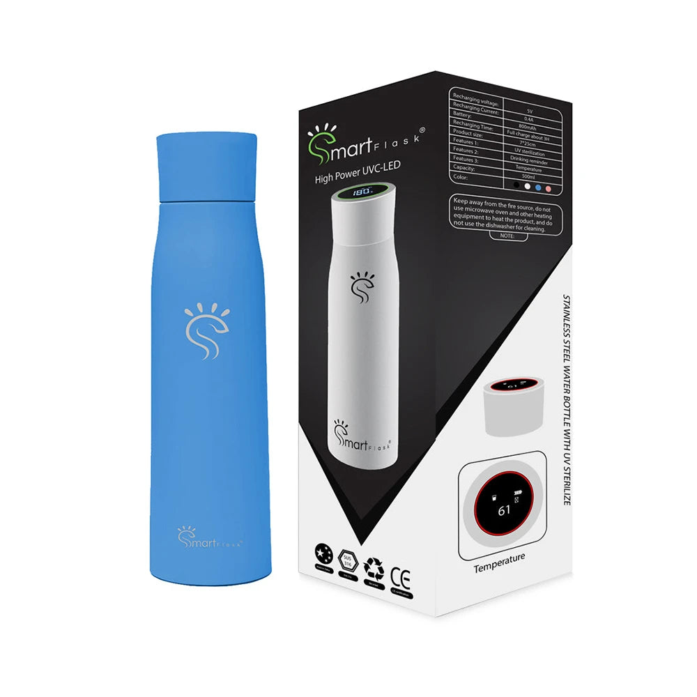 Blue stainless steel water bottle with box
