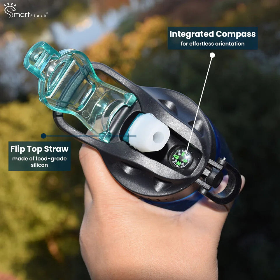 Filtered water bottle with compass and straw