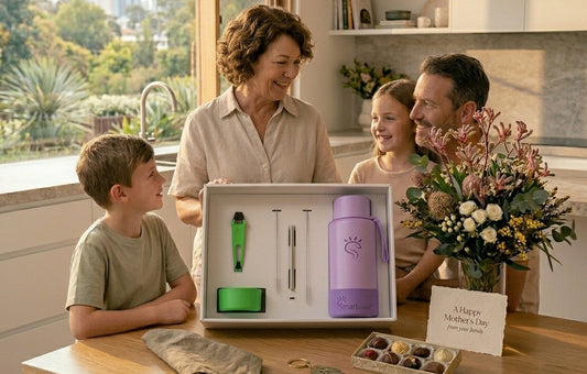 Best Mother’s Day gifts Australia 2026 featuring mum receiving a SmartFlask UV water bottle gift at breakfast table.