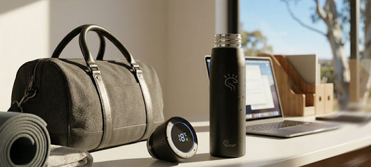 Best reusable water bottle in Australia 2026 featuring SmartFlask stainless steel bottle with temperature display and modern lifestyle setup