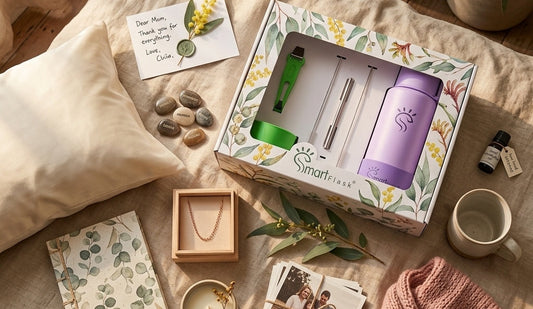 A curated Mother's Day gift flat lay on a linen surface featuring a SmartFlask gift box, a floral journal, a silk pillowcase, a candle, and family photos in soft morning light.