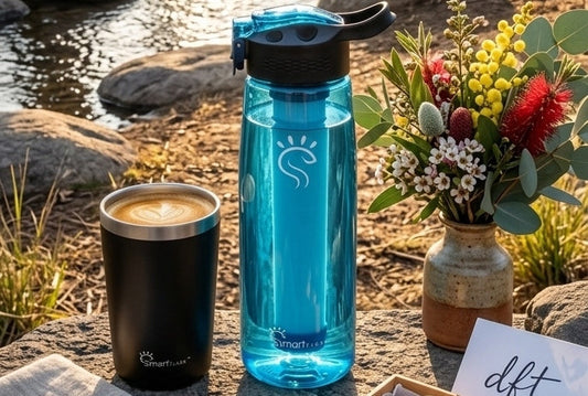 A vertical shot of a blue SmartFlask infuser water bottle, a black coffee cup, and a vase of Australian wildflowers on a rock by a creek, with a "dft" card and morning light.