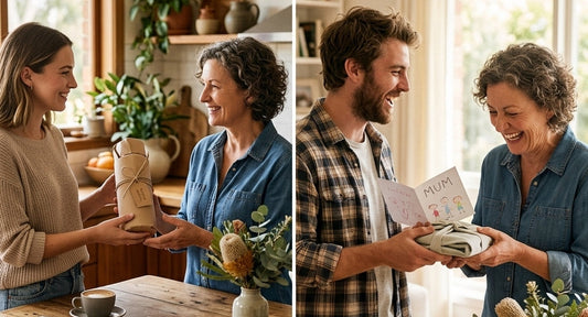 A side-by-side lifestyle scene in a warm Australian kitchen where a daughter presents a wrapped SmartFlask bottle to her mother on the left, and a son hands his mother a handmade card and gift on the right.