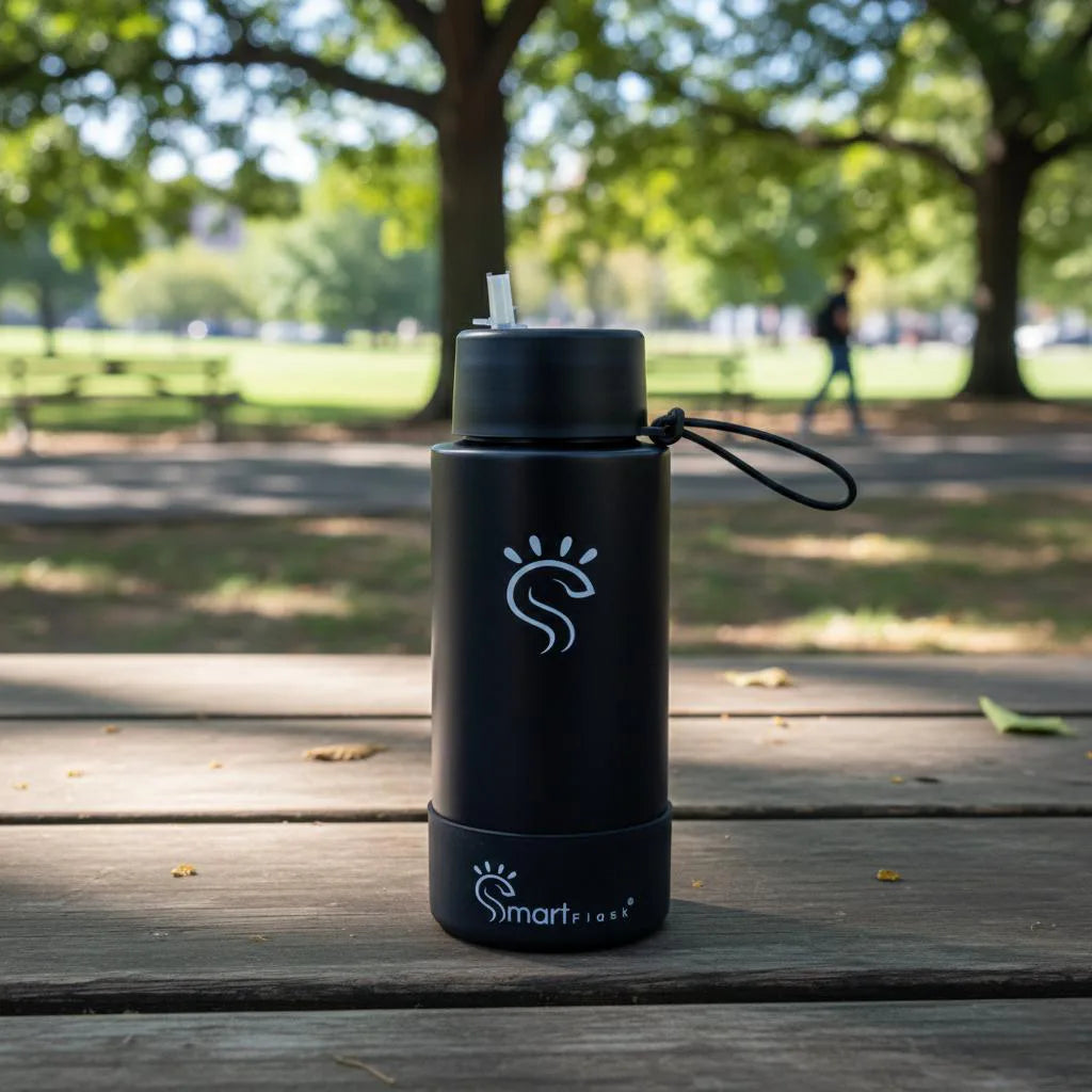 Black Dual-Lid Steel Bottle With Straw (34oz)