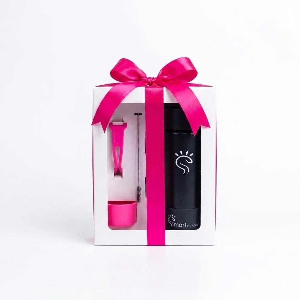 Smart Flask black dual-lid steel water bottle with straw, 34oz insulated gift set for staying hydrated on the go